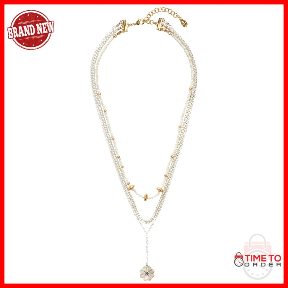Gold Silver Layered Beaded Daisy Necklace Lobster Closure 15-18 Inches